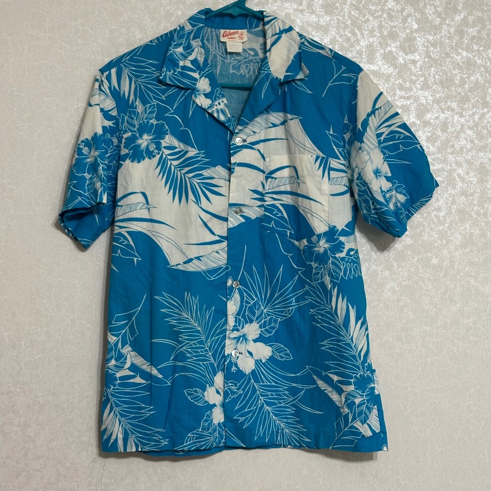 Aikane Hawaii Vintage Blue White Tropical Floral Short Sleeve Button Up Shirt‎ L